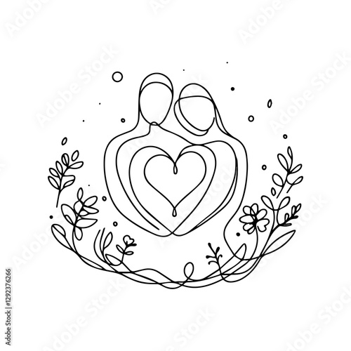 Minimalist line art of couple with love symbol on white background