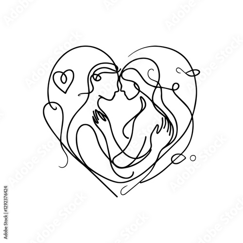 Minimalist line art of couple with love symbol on white background