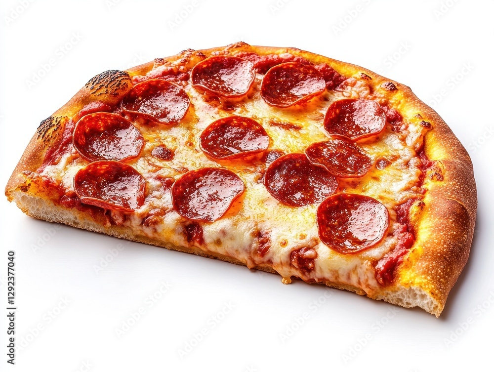 A half-eaten slice of pepperoni pizza with melted cheese on a white background A half-eaten slice of pepperoni pizza with melted cheese on a white background