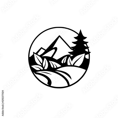 Vector-style illustration of a mountain landscape, with a prominent tree, leaves, and a curved path within a circular frame.