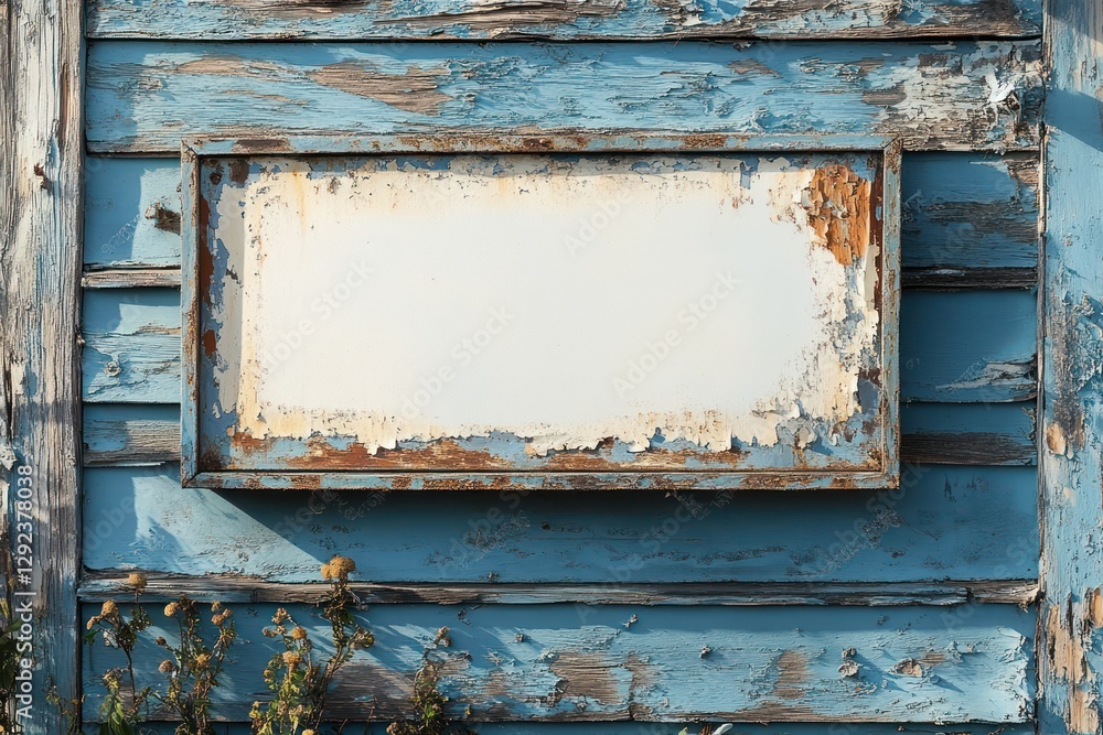 Naklejka premium Minimalist Blank Sign Board on Weathered Wooden Wall with Soft Natural Lighting