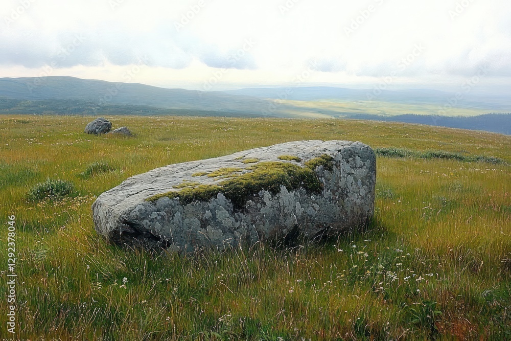 Moss Covered Stone in Grassy Field under Overcast Sky Surrounded by Rolling Hills in Impressionistic Style Moss Covered Stone in Grassy Field under Overcast Sky Surrounded by Rolling Hills in Impressionistic Style