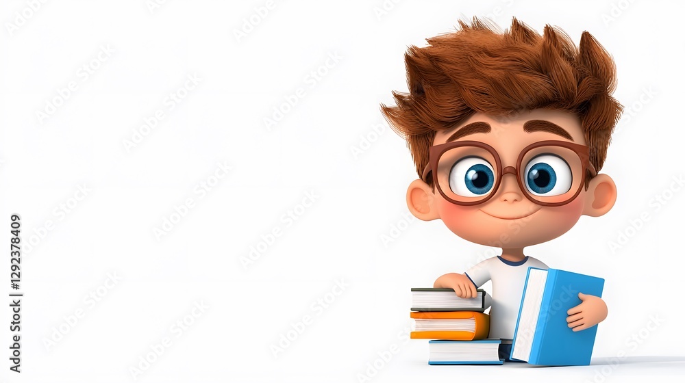 Close-up of a cartoon librarian with glasses in a cheerful library setting Close-up of a cartoon librarian with glasses in a cheerful library setting
