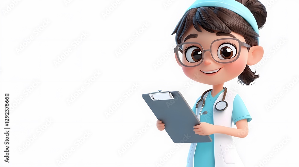 Cheerful cartoon nurse with clipboard in positive healthcare setting Cheerful cartoon nurse with clipboard in positive healthcare setting