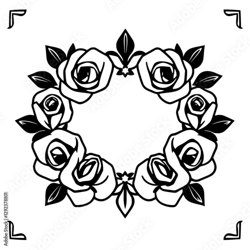 Roses Wreath: A black and white image of a floral wreath composed of roses with a circular composition with corner elements.