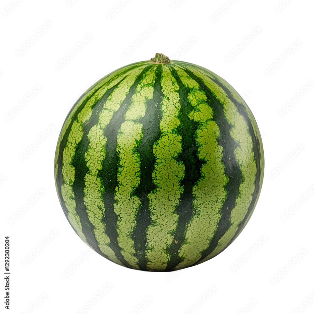 Fresh watermelon with vibrant green stripes on a transparent background showcasing its round shape and smooth skin texture in perfect detail Fresh watermelon with vibrant green stripes on a transparent background showcasing its round shape and smooth skin texture in perfect detail