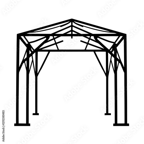 Black and white minimalist metal garden structure silhouette, featuring a geometric design, and providing a sense of architectural structure.