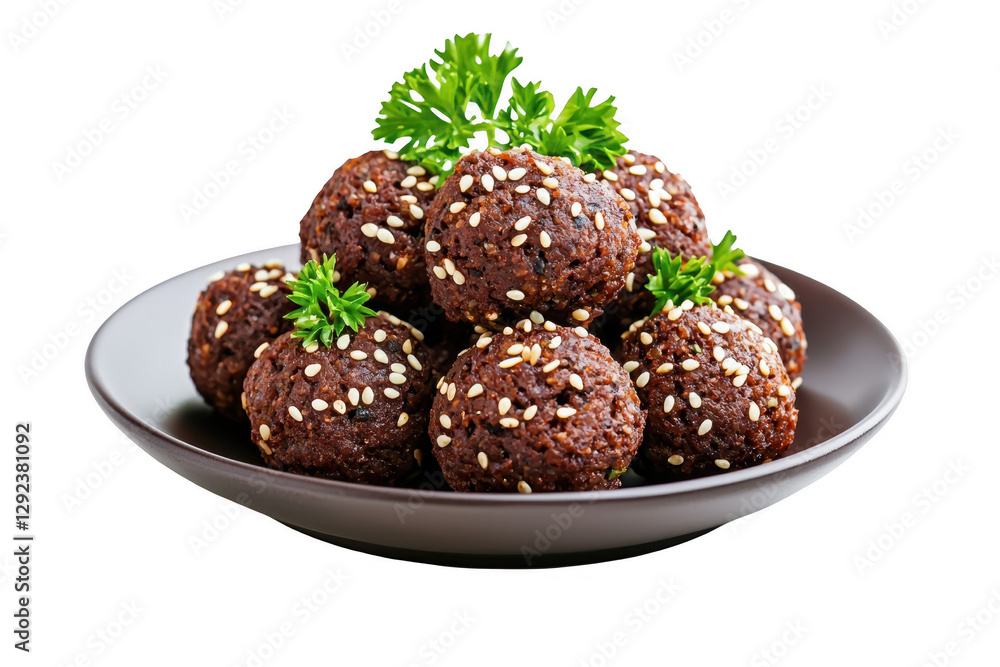 Delicious and nutritious plant-based meatballs served on a dark plate, garnished with fresh parsley leaves and sesame seeds Delicious and nutritious plant-based meatballs served on a dark plate, garnished with fresh parsley leaves and sesame seeds