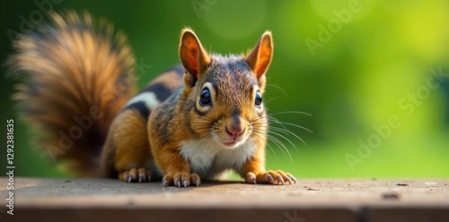 Squirrel peeks over table edge, tail twitching, whiskers sharp, leafy background, wildlife photo