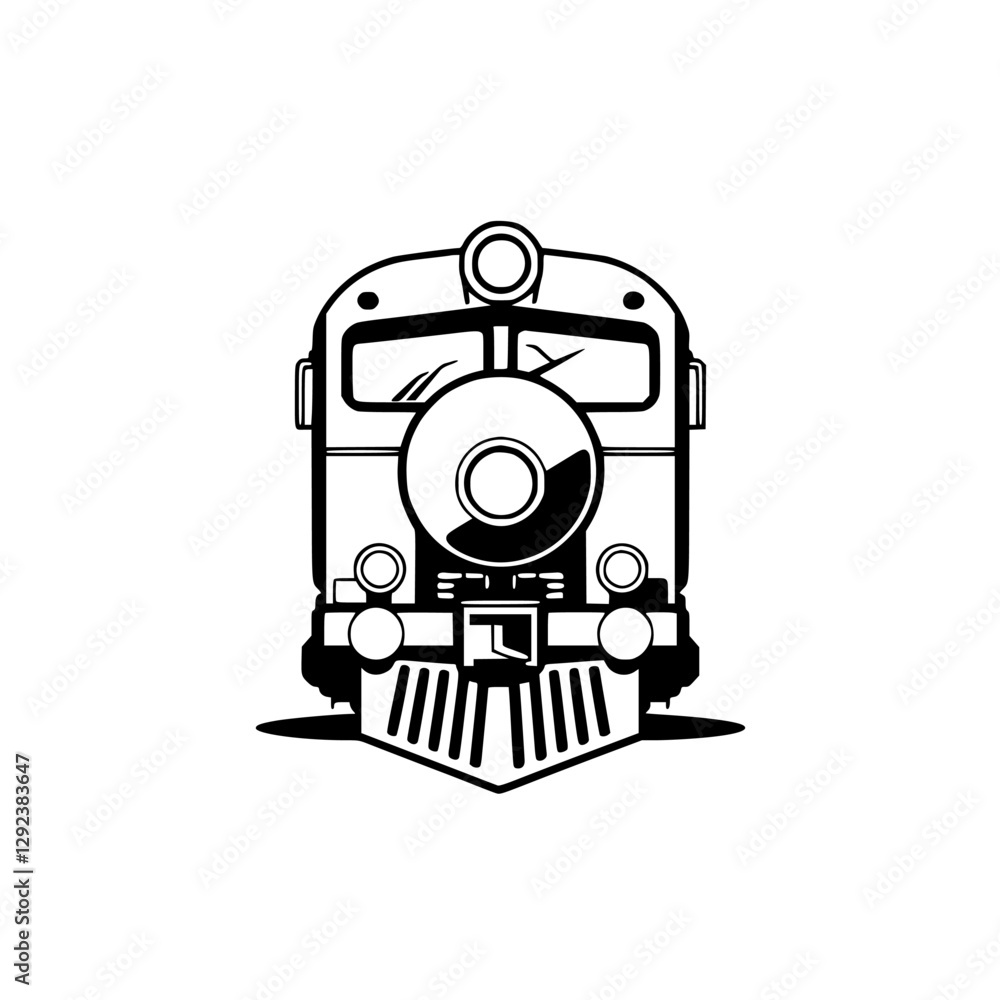 Fototapeta premium Black and white, front-on view of a train engine, featuring stylized lines, a large circular headlight, and minimalist style.
