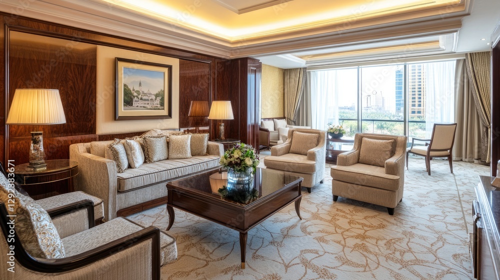 Elegant hotel suite featuring a separate living area, luxurious furniture, and modern design Elegant hotel suite featuring a separate living area, luxurious furniture, and modern design