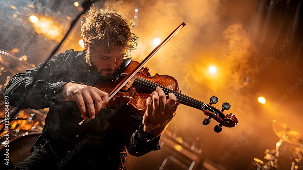 Fototapeta premium Dynamic violin performance under warm stage lights in concert venue