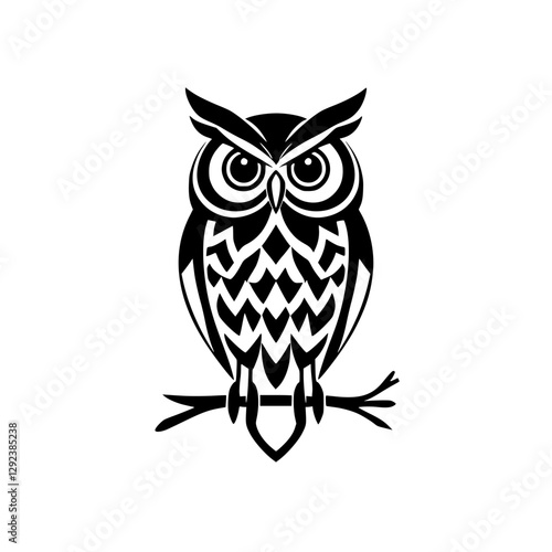 A stylized black and white owl illustration, sitting on a branch, detailed graphic design.