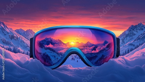 Winter dreams reflected goggles a panorama of snowy mountains at sunset invites adventure seekers