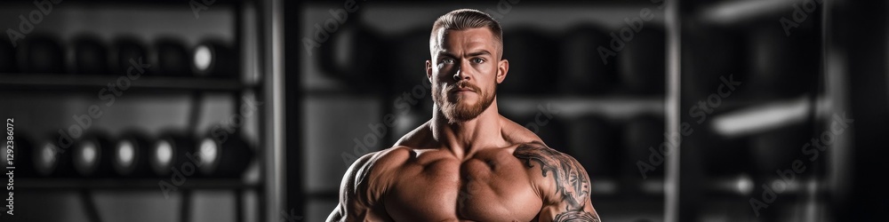 Fototapeta premium Muscular man with tattoos in a gym. Strong, fit bodybuilder.