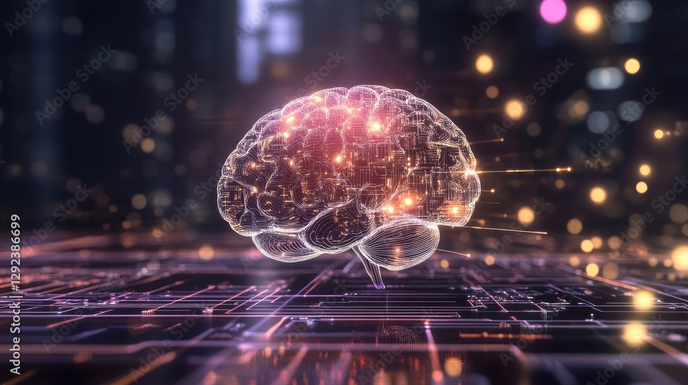 Futuristic human brain floating above a quantum computer, connected by glowing data streams. Futuristic human brain floating above a quantum computer, connected by glowing data streams.