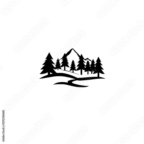 A minimalist black and white illustration of a mountain landscape with evergreen forest and hills.