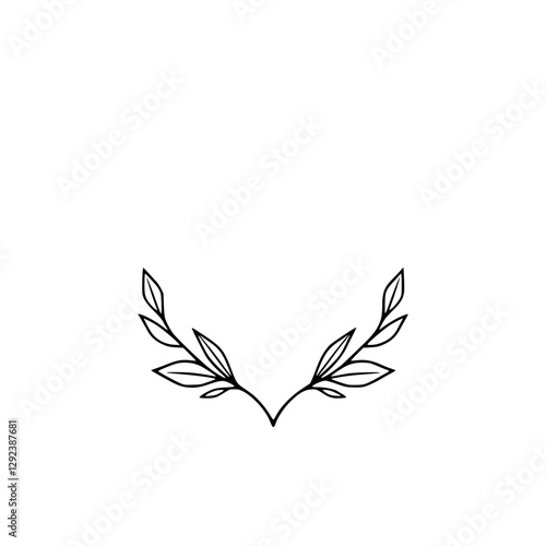 Black and white minimalist illustration depicting a leaf branch in a crescent shape, a minimalist design.