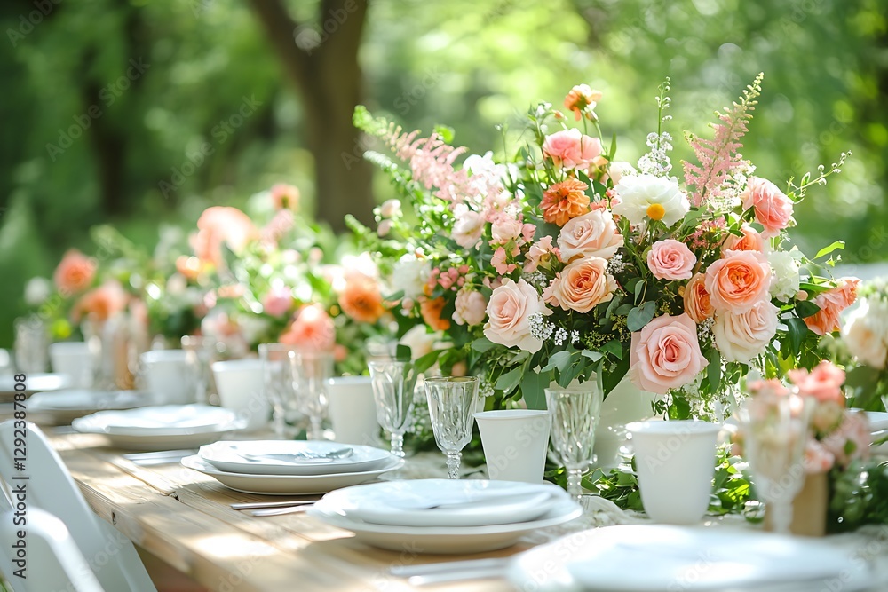 Peach roses, outdoor party table setting Peach roses, outdoor party table setting