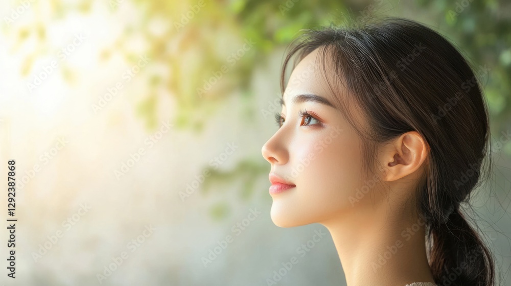Serene Young Woman with Soft Features Gazing into the Distance Serene Young Woman with Soft Features Gazing into the Distance