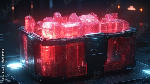 Vibrant red loot box filled with crystal-like treasures in a futuristic strategy game environment photo