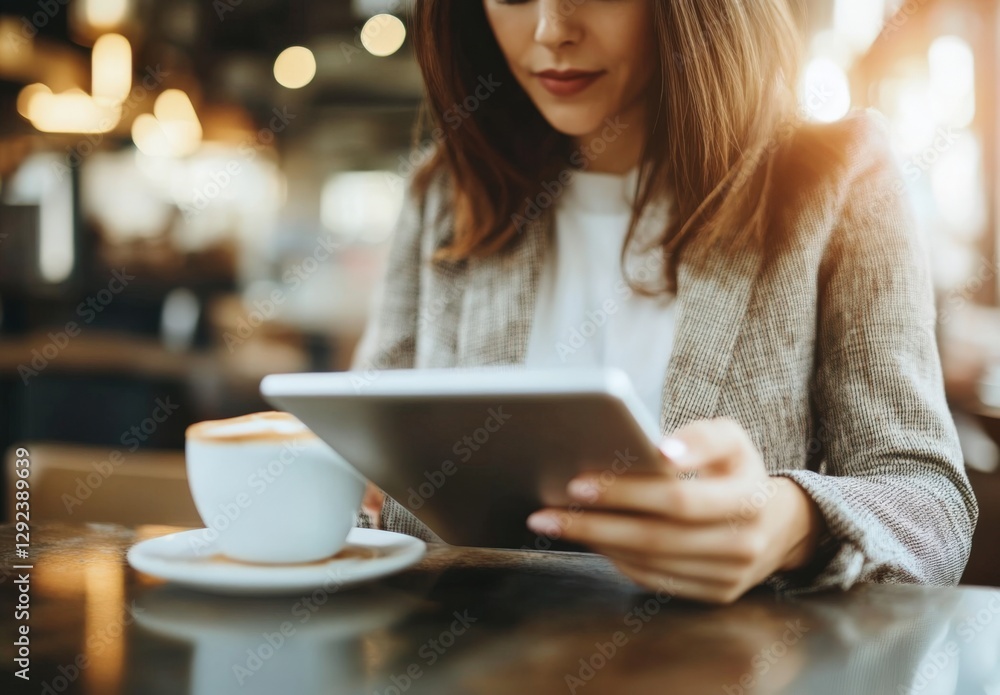 A close-up image of a businesswoman working on her digital tablet while sitting in a coffee shop. A close-up image of a businesswoman working on her digital tablet while sitting in a coffee shop.