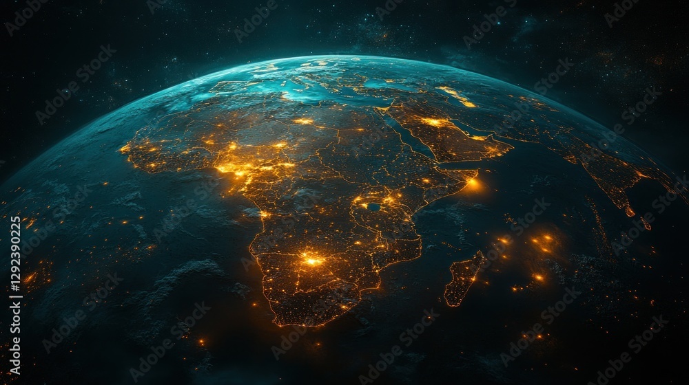Obraz premium Night Earth, Africa lights, space, glowing, digital artwork, background
