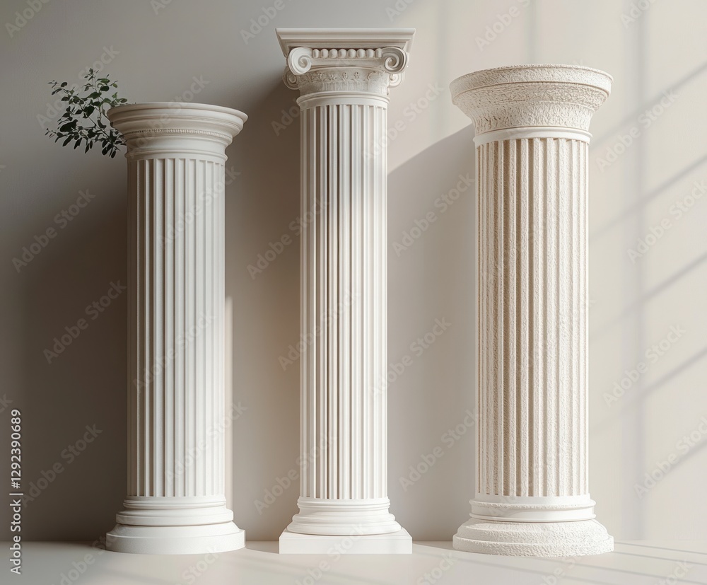 Antique White Columns Minimalist 3D Rendering with Beige Background and Soft Natural Daylight Antique White Columns Minimalist 3D Rendering with Beige Background and Soft Natural Daylight