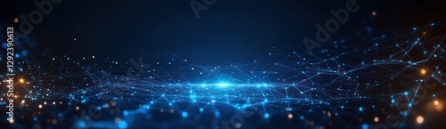 Futuristic Abstract Digital Landscape with Glowing Blue Lines Nodes and Neon Lighting in Cyberpunk Style