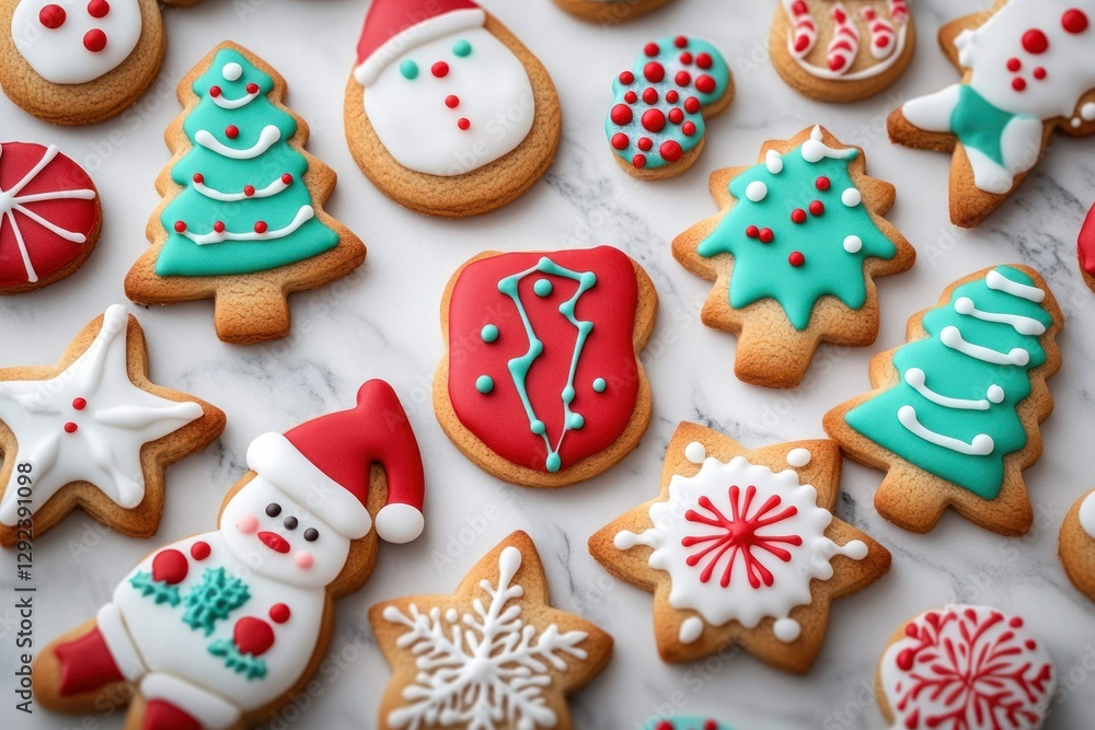 Colorful Christmas Cookies Flat Lay on Marble Surface Fun Festive Baking Scene Colorful Christmas Cookies Flat Lay on Marble Surface Fun Festive Baking Scene