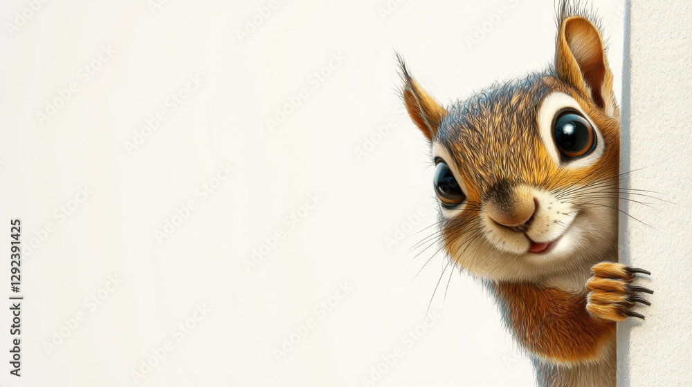 Fototapeta premium Curious cartoon squirrel peeking around corner with big eyes and fluffy tail on a light background in a whimsical illustration