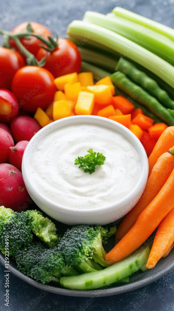 Gourmet vegetable arrangement with creamy dip for healthy dining and culinary inspiration Gourmet vegetable arrangement with creamy dip for healthy dining and culinary inspiration