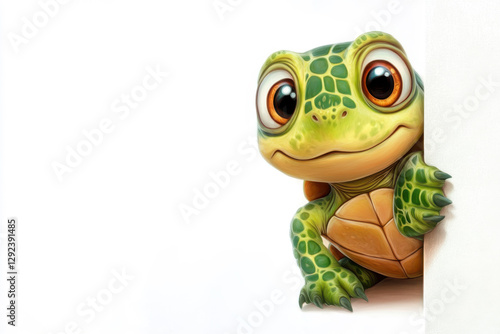 Adorable cartoon turtle peeking around corner with big eyes and green shell on a bright white background