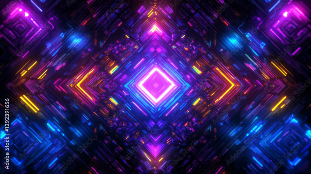 Vibrant geometric pixel art background with neon patterns for digital projects