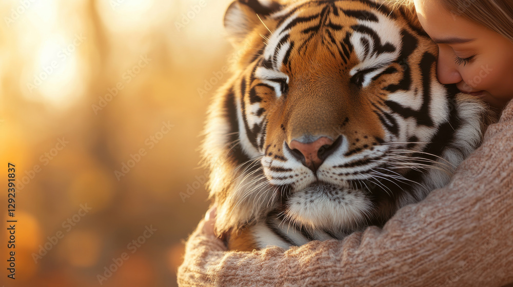 Fototapeta premium Young woman embracing bengal tiger in serene forest during golden autumn sunset with close emotional connection