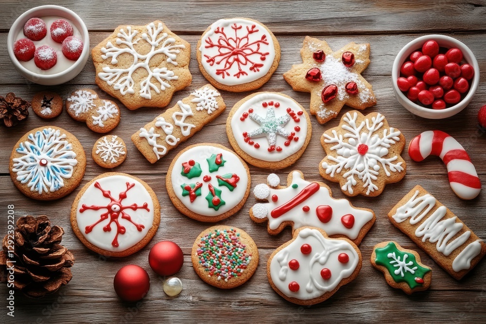 Festive Holiday Cookie and Candy Table Scene with Colorful Icing and Snowflake Designs Festive Holiday Cookie and Candy Table Scene with Colorful Icing and Snowflake Designs