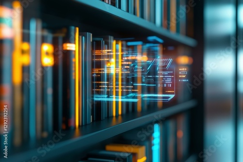  Futuristic library collage with glowing digital data integrating book knowledge and technology innovation