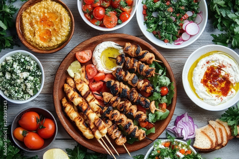 Mediterranean Feast Overhead View Colorful Skewers Fresh Salads Dips Rustic Summer Table Scene