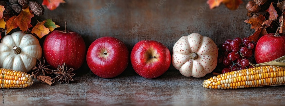 Autumn Pumpkin Harvest Still Life with Apples and Spices on Dark Stone Background Autumn Pumpkin Harvest Still Life with Apples and Spices on Dark Stone Background