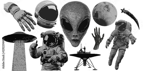 Set of outer space halftone grunge vector design elements