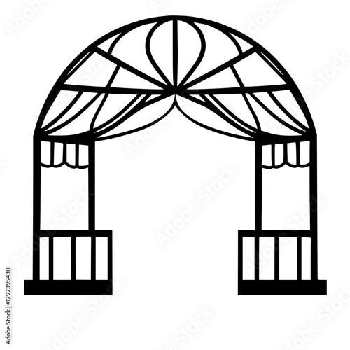 Arched trellis framework illustration showing a black and white ornamental metal trellis and gate, ideal for a wedding or garden.
