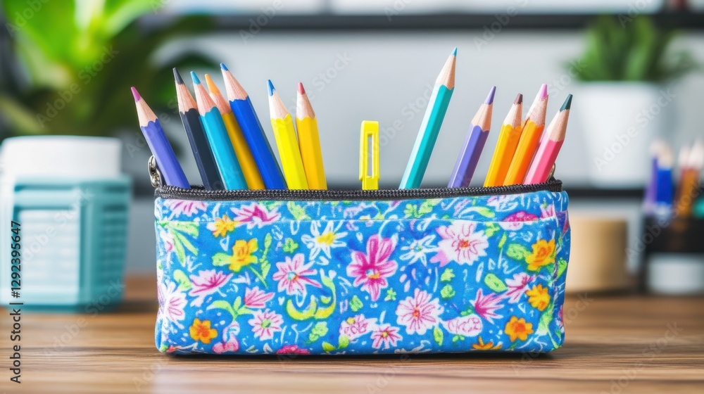 Fototapeta premium Vibrant and Colorful Pencil Case Filled with Bright Colored Pencils on a Wooden Desk Surrounded by Green Plants and Stationery Items in a Bright Workspace