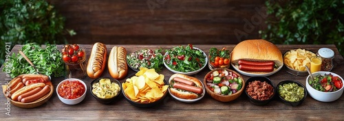 Summer BBQ Feast with Hot Dogs Hamburgers Chips and Fresh Vegetables Overhead View photo