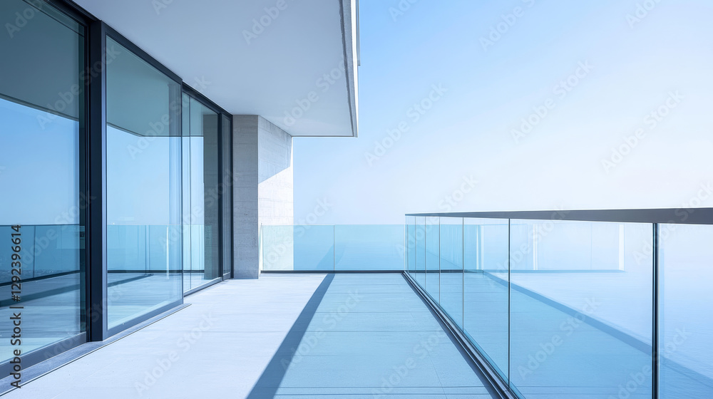 Obraz premium 3d glass balcony with window to home living room, office or hotel room. Empty house terrace with glass railing and view of blue sky, vector realistic illustration