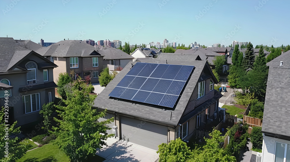 Eco-Friendly Home with Solar Panels on Roof Under Blue Sky Eco-Friendly Home with Solar Panels on Roof Under Blue Sky
