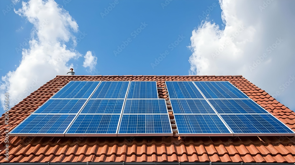 Solar Panels Harnessing Renewable Energy for a Clean Environment on a Blue Sky House Roof Solar Panels Harnessing Renewable Energy for a Clean Environment on a Blue Sky House Roof