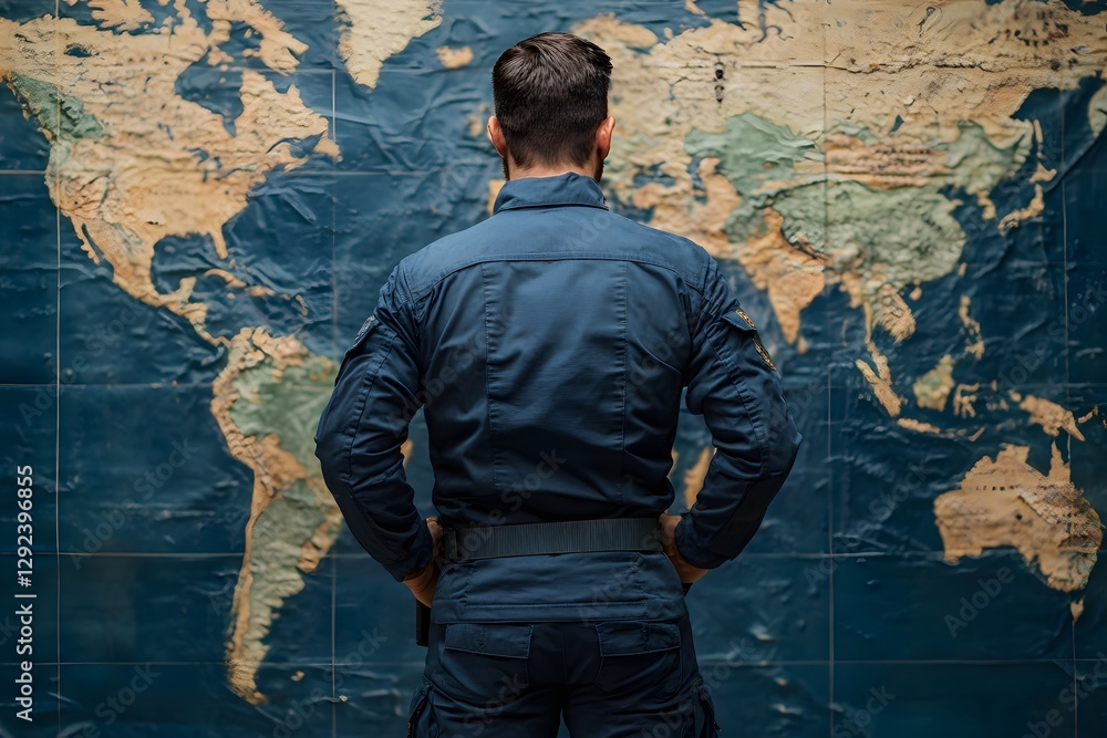 Fototapeta premium Security Officer Reviewing World Map Global Security International Surveillance Strategic Planning