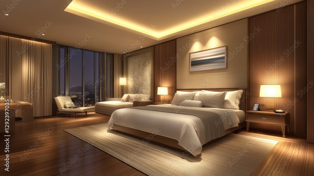 Luxury hotel room with modern interior design, king-size bed, stylish decor, and soft lighting Luxury hotel room with modern interior design, king-size bed, stylish decor, and soft lighting