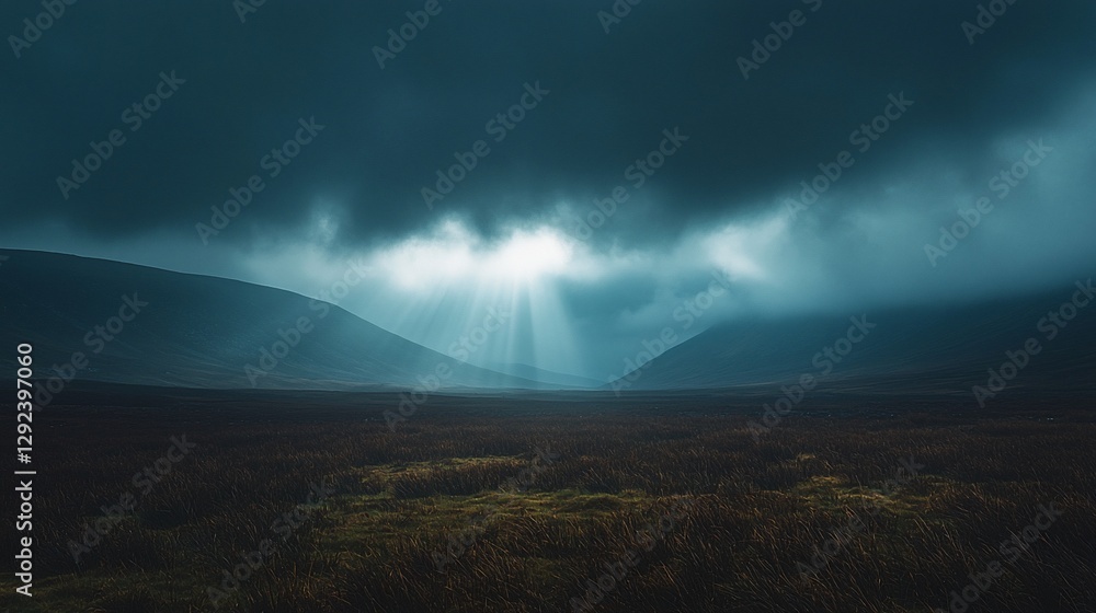Sunbeams breaking through dark clouds over a mountain valley. Sunbeams breaking through dark clouds over a mountain valley.