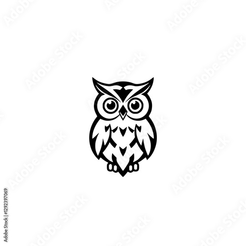 Minimalist black and white illustration of an owl, with the subject centered on a white background.